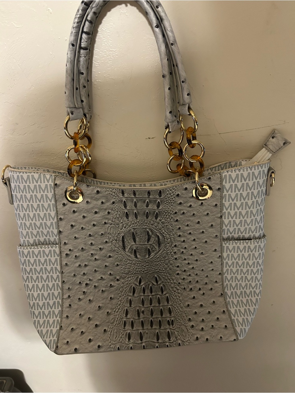 Mia K MKF Collection Embelished Faux Gator Gray Bag Purse 14" X 11" Side Pockets